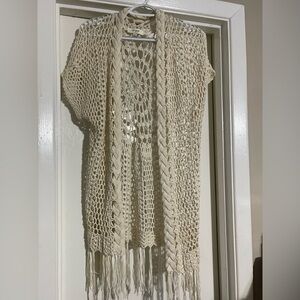 Umgee Cream White Open Knit Crochet Boho Kimono Sweater - Size Small
